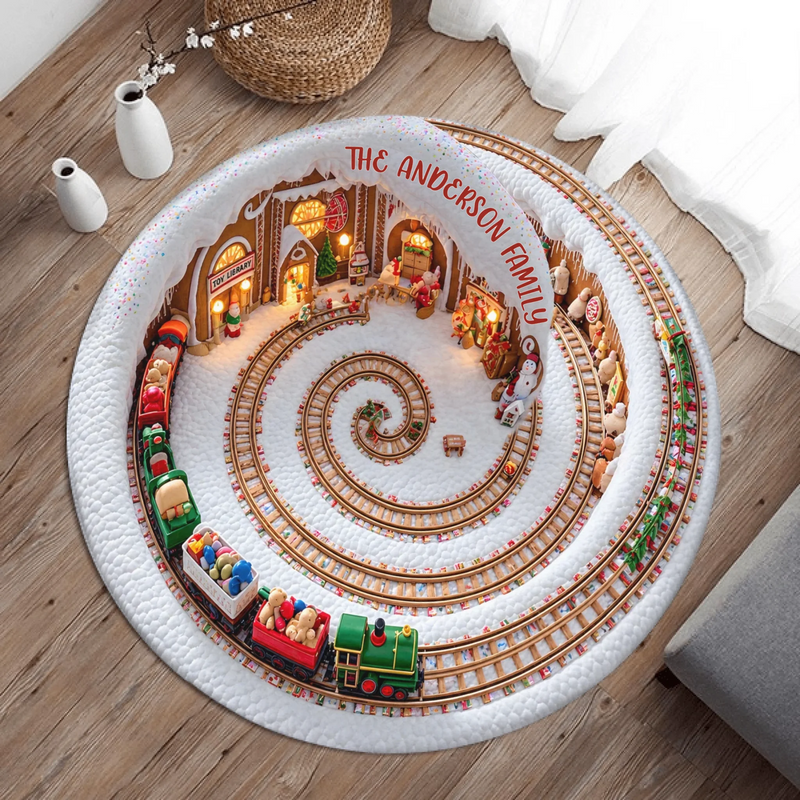 Personalized Christmas Train Round Rug - Custom Family Name Christmas Village Doormat - 3D Holiday Train Area Rug - Christmas Family Gift