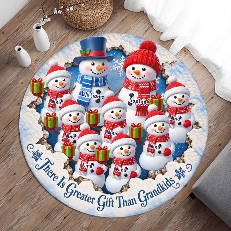 Personalized Grandkids Snowman Round Rug - Custom Grandchildren Names Christmas Rug - There Is No Greater Gift Than Grandkids - Christmas Gift for Grandma Grandpa