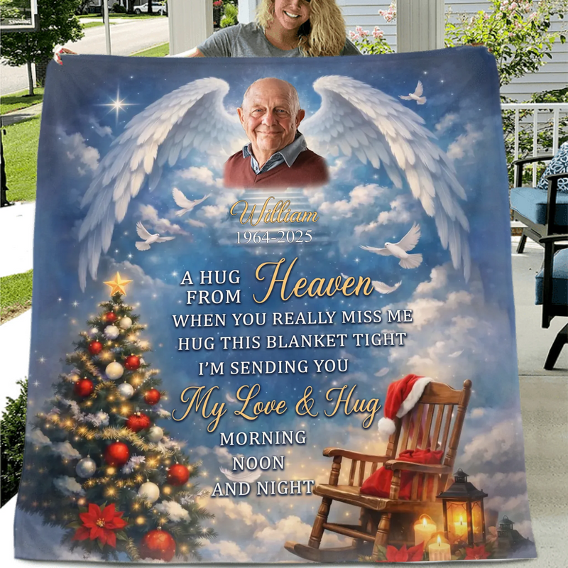 Personalized Memorial Fleece Throw Blanket – Custom Photo, Name & Years, Loss of Loved One Remembrance Gift – A Hug From Heaven
