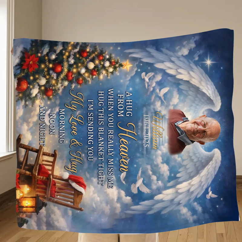 Personalized Memorial Fleece Throw Blanket – Custom Photo, Name & Years, Loss of Loved One Remembrance Gift – A Hug From Heaven