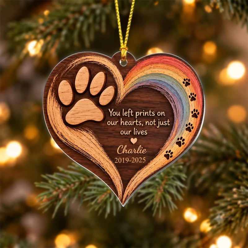 Personalized Pet Memorial Acrylic Ornament – Custom Pet Name & Years, Rainbow Bridge Remembrance Gift – You Left Prints on Our Hearts, Not Just Our Lives