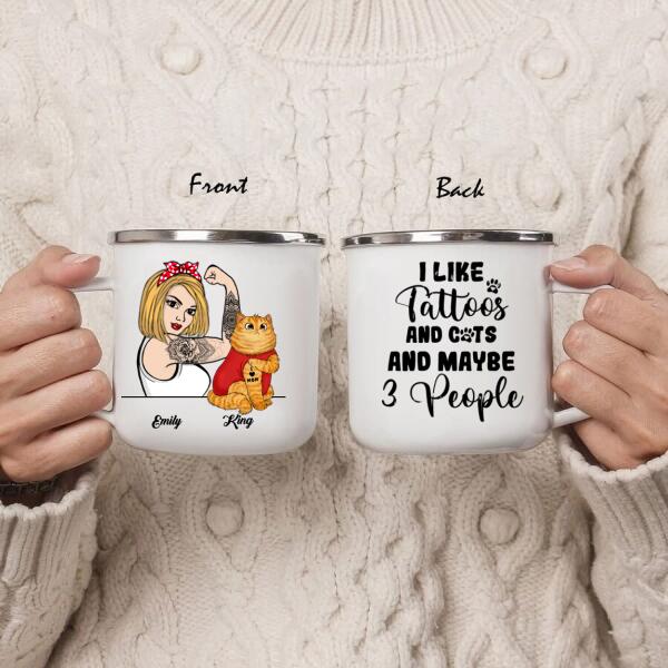 Custom Personalized Cat Mom Enamel Mug - Upto 3 Cats - I Like Tattoos And Cats And maybe 3 People