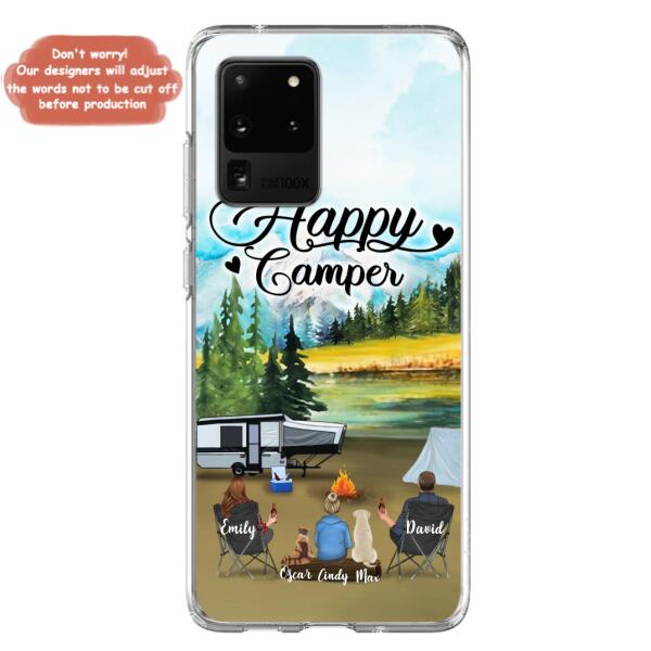 Custom Personalized Camping Phone Case - Parents With 1 Kids And 2 Pets - Best Gift For Family - Happy Camper