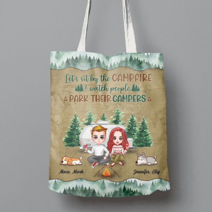 Custom Personalized Camping Couple And Dog Canvas Bag - Upto 2 Dogs - Gift Idea For Dog/Camping Lovers - Let's Sit By The Campfire