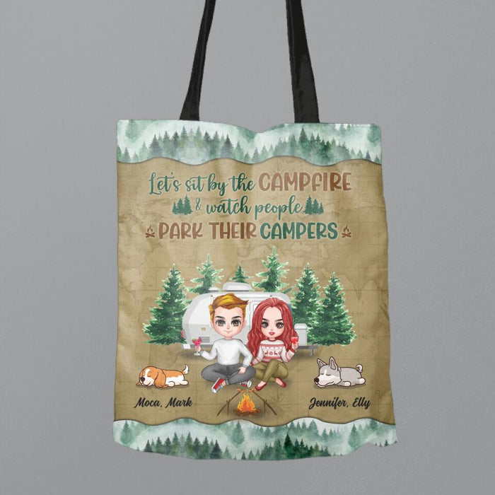 Custom Personalized Camping Couple And Dog Canvas Bag - Upto 2 Dogs - Gift Idea For Dog/Camping Lovers - Let's Sit By The Campfire