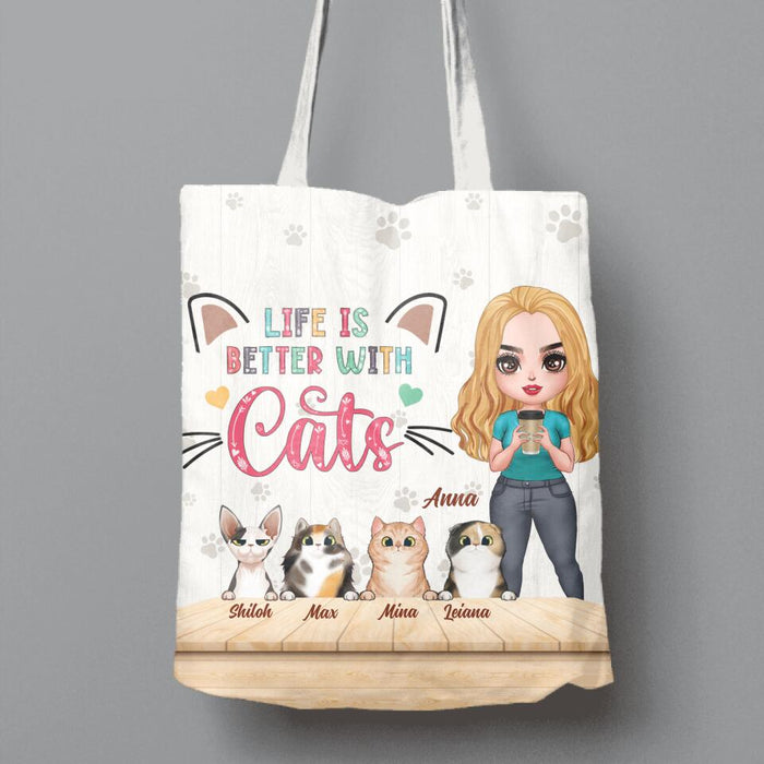 Custom Personalized Cat Mom Chibi Canvas Bag - Gift Idea For Mother's Day/ Cat Lovers With Upto 6 Cats -Life Is Better With Cats