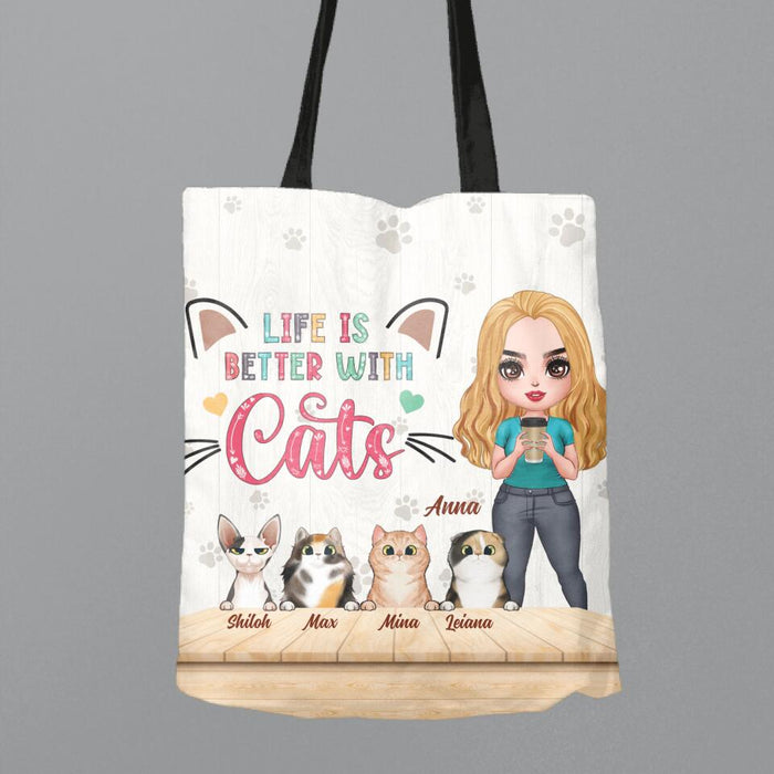 Custom Personalized Cat Mom Chibi Canvas Bag - Gift Idea For Mother's Day/ Cat Lovers With Upto 6 Cats -Life Is Better With Cats