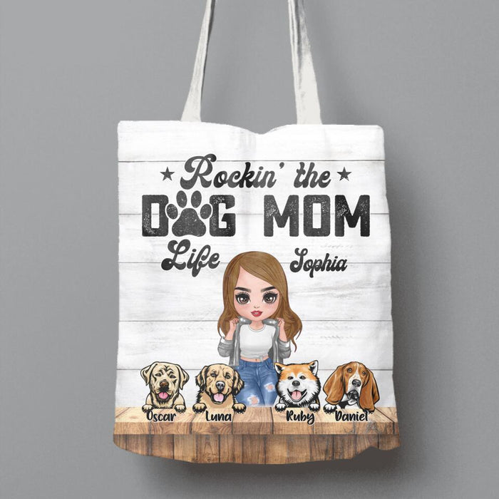 Custom Personalized Dog Mom Front Canvas Bag - Gifts For Dog Lover With Up to 4 Dogs - Rockin' The Dog Mom Life