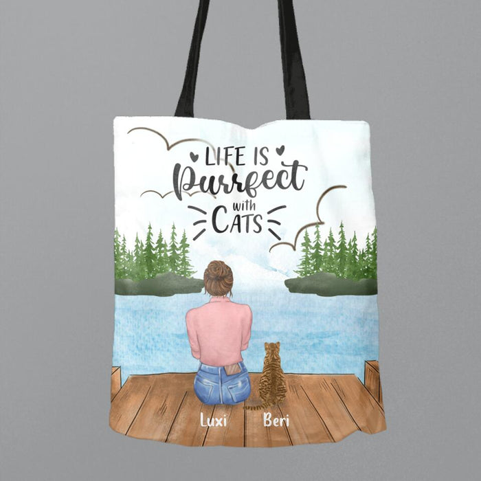 Custom Personalized Cat Mom Canvas Bag - Gift For Cat Lovers With Upto 4 Cats - Life Is Purrfect With Cats