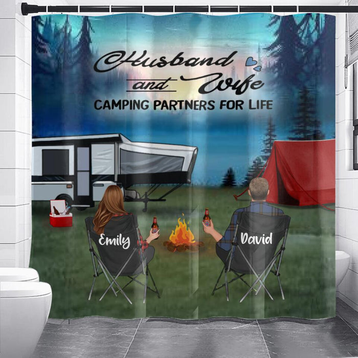 Custom Personalized Camping Shower Curtain - Gift Idea For Camping Lover - Couple/ Parents With Upto 3 Kids And 4 Pets - Husband And Wife Camping Partners For Life