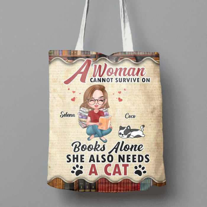 Custom Personalized Reading Girl Canvas Bag - Girl With Upto 4 Pets - Gift Idea For Book/ Cat/ Dog Lover - A Woman Cannot Survive On Books Alone She Also Need A Cat