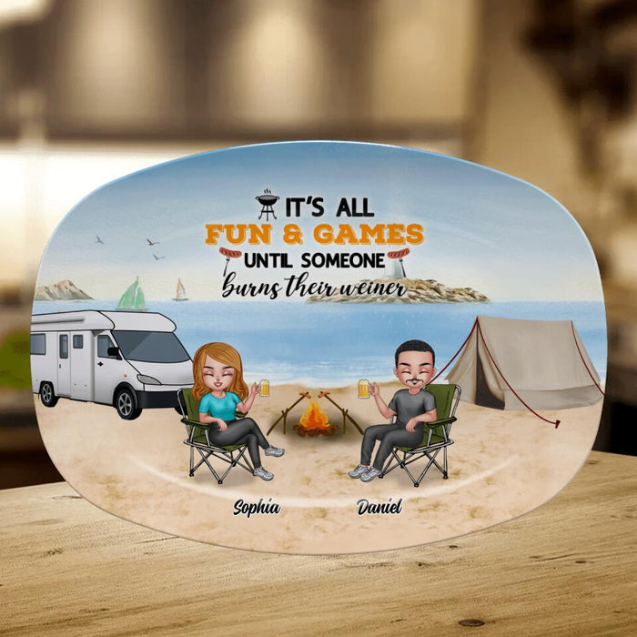 Custom Personalized Camping Serving Platter - Gift Idea For Mother's Day/ Father's Day/ Camping Lovers - It's all fun and games until someone burns their weiner