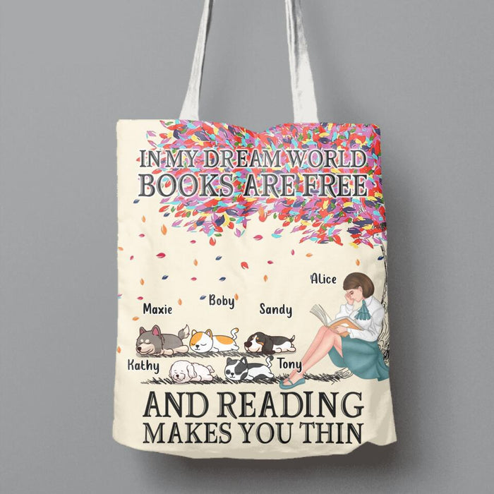 Custom Personalized Reading Girl Canvas Bag - Upto 5 Pets - Gift Idea For Book/ Dog/ Cat Lover - In My Dream World Books Are Free And Reading Makes You Thin