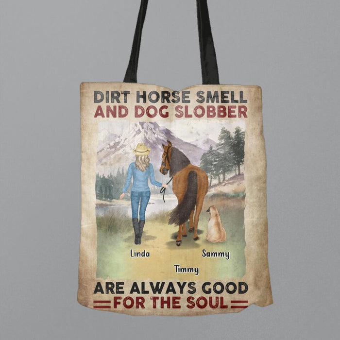 Custom Personalized Horse And Dog Canvas Bag -Upto 2 Horses And 4 Dogs - Gift Idea For Horse/Dog Lover - Dirt Horse Smell And Dog Slobber Are Always Good For The Soul