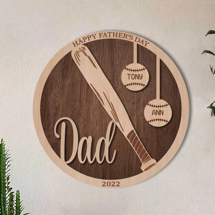 Custom Personalized Baseball Double-layer Round Wooden Sign - Gift Idea From Kids to Father with up to 5 Kids - Father's Day 2023 Gift