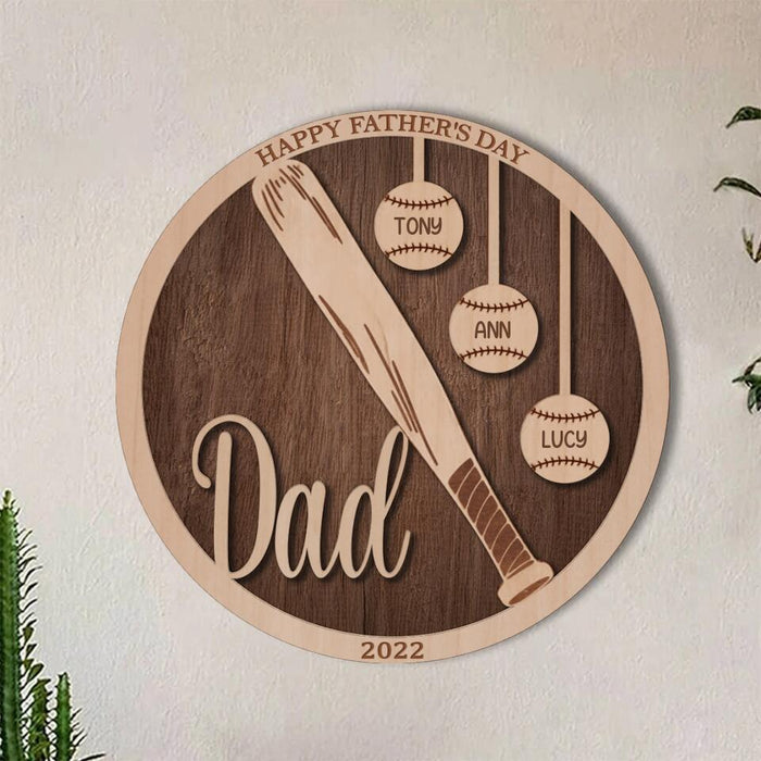 Custom Personalized Baseball Double-layer Round Wooden Sign - Gift Idea From Kids to Father with up to 5 Kids - Father's Day 2023 Gift