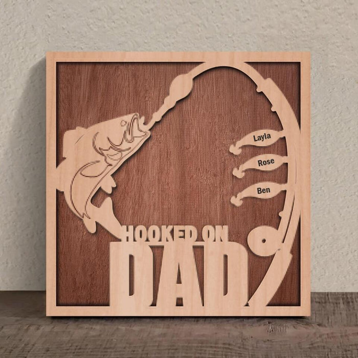 Custom Personalized Hooked On Dad Square 3-Layered Wooden Art - Father's Day 2023 Gift