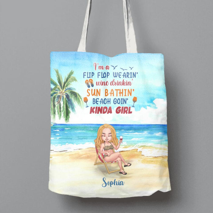 Custom Personalized Beach Canvas Bag - Gift Idea For Beach Lover - I'm A Flip Flop Wearin' Wine Drinkin' Sun Bathin' Beach Goin' Kinda Girl