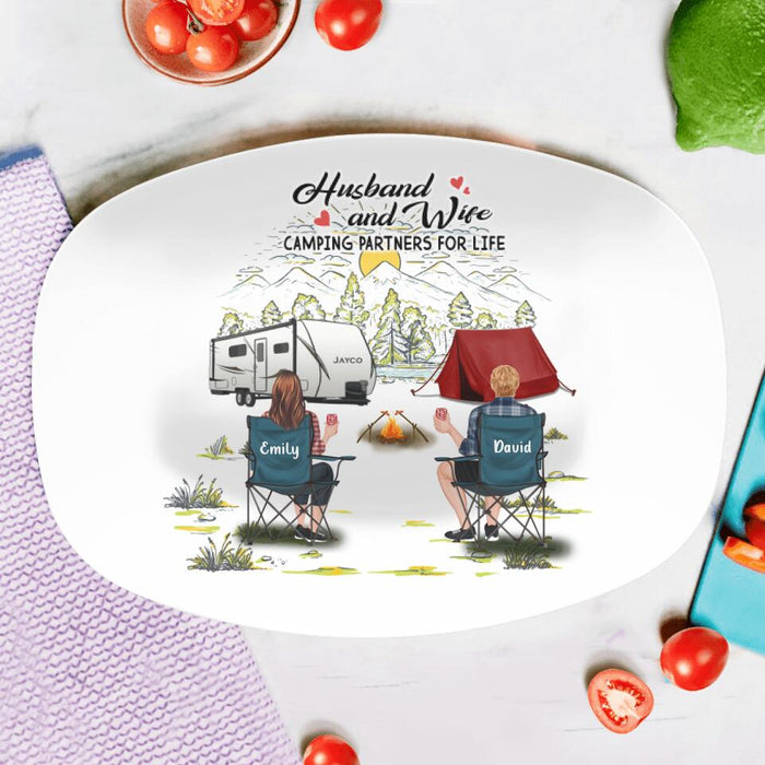 Custom Personalized Camping Serving Platter - Gift Idea For Camping Lovers/Couple With Up To 4 Dogs - Husband And Wife Camping Partners For Life