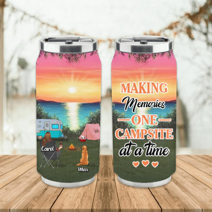 Custom Personalized Camping Soda Can Tumbler - Couple With Upto 2 Kids And 3 Pets - Gift Idea For Camping Lover - Making Memories One Campsite At A Time