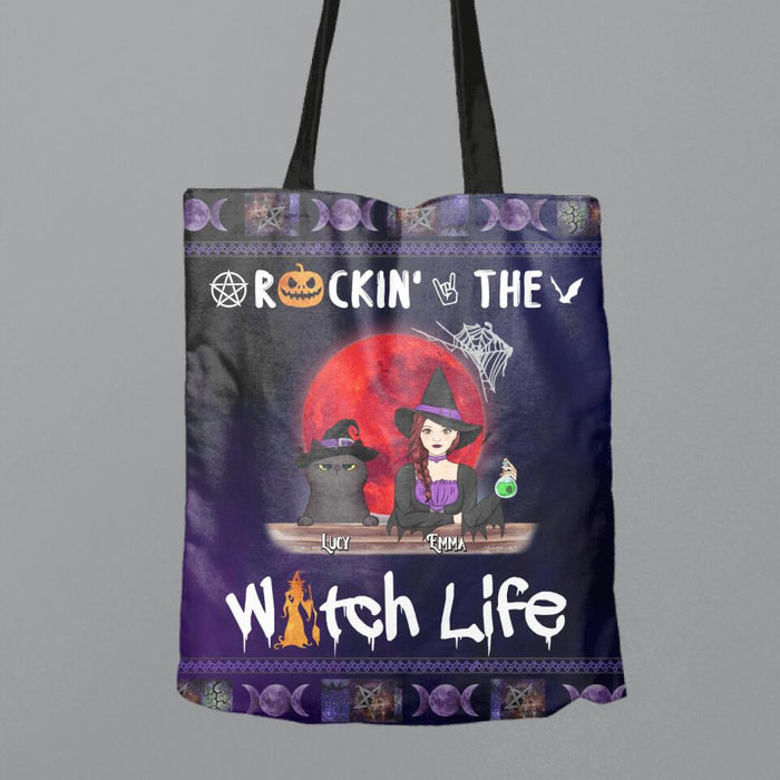 Custom Personalized Pet Witch Canvas Bag - Up to 3 Pets - Halloween Gift For Dog/ Cat Lover - Rockin' The Witch Life