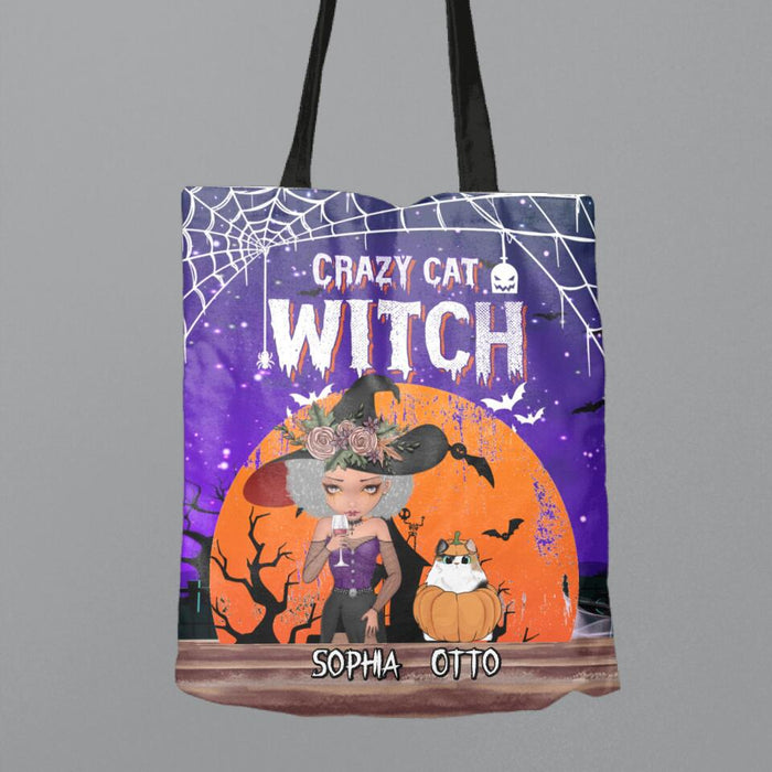 Custom Personalized Crazy Cat Witch Canvas Bag - Upto 4 Cats - Halloween Gift Idea For Cat Lovers