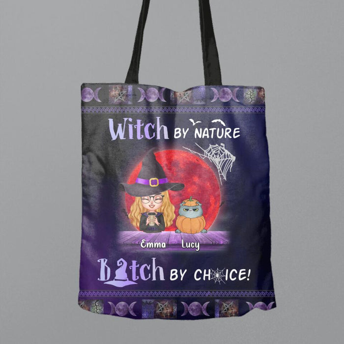 Custom Personalized Witch Canvas Bag - Upto 6 Cats/Dogs - Halloween Gift Idea For Cat/Dog Lovers - Witch By Nature Bitch By Choice