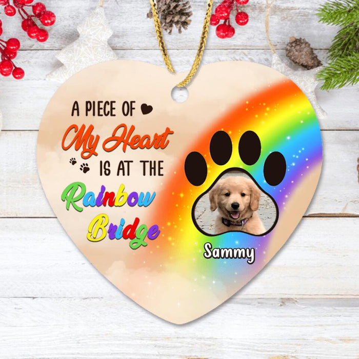 Custom Personalized Memorial Photo Heart Ornament - Upto 3 Photos - Memorial Gift Idea For Christmas/Loss Of Dogs - A Piece Of My Heart Is At The Rainbow Bridge