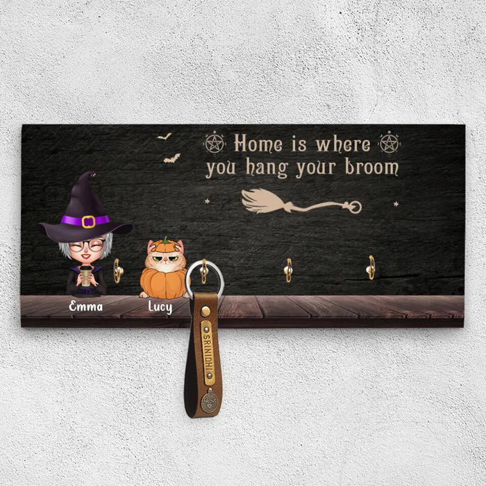 Custom Personalized Cat Witch Wood Key Holder - Gift Idea For Halloween - Witch With Upto 4 Cats - Home Is Where You Hang Your Broom