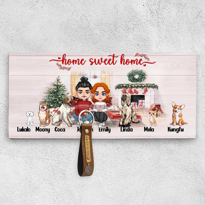 Custom Personalized Christmas Couple Wood Key Holder - Gift Idea For Christmas/Couple/Dog Lovers - Couple With Up To 6 Dogs - Home Sweet Home