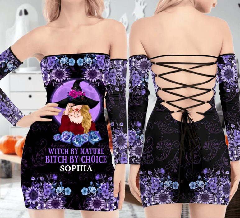 Custom Personalized Witch Off-shoulder Back Lace-up Dress - Halloween Gift Idea For Friends - Witch By Nature Bitch By Choice