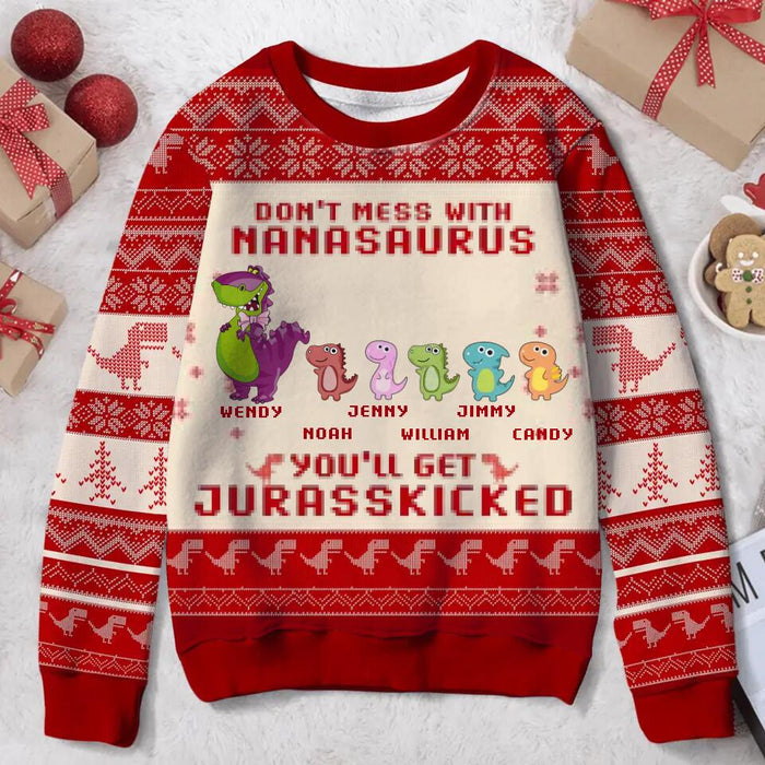 Custom Personalized Grandparent All-Over Print Sweater - Upto 5 Kids - Christmas Gift idea for Grandpa/Grandma/Kids - Don't Mess With Nanasaurus You'll Get Jurasskicked