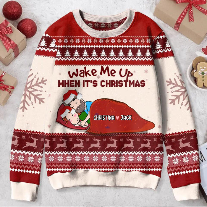 Custom Personalized Christmas Ugly Sweater - Christmas Gift Idea For Couple/ Dog/Cat Lover - Adult/Couple With Upto 4 Pets - Wake Me Up When It's Christmas