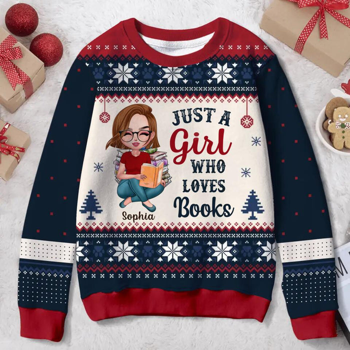 Custom Personalized Girl Reading Book All-Over Print Sweater - Gift Idea For Reading Lover/ Christmas Gift - Just A Girl Who Loves Books