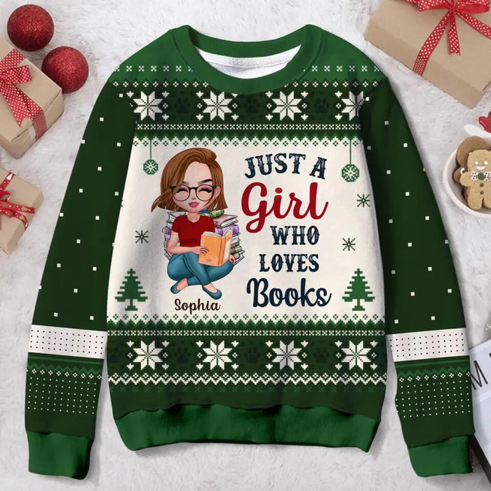 Custom Personalized Girl Reading Book All-Over Print Sweater - Gift Idea For Reading Lover/ Christmas Gift - Just A Girl Who Loves Books