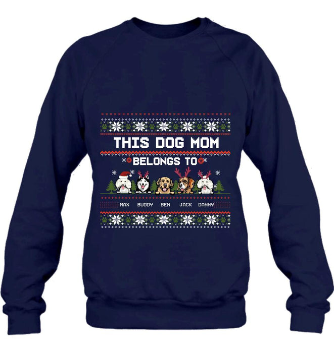 Custom Personalized Dog Mom Sweater - Upto 5 Dogs - Christmas Gift For Dog Lover - This Dog Mom Belongs To