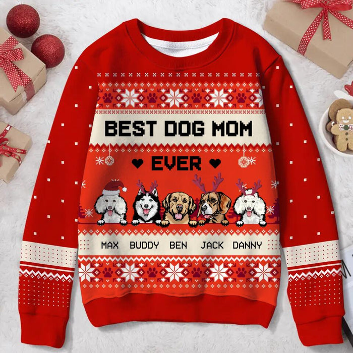 Custom Personalized Dog Mom Ugly All-Over Print Sweater - Upto 5 Dogs - Christmas Gift For Dog Lover - Best Dog Mom Ever