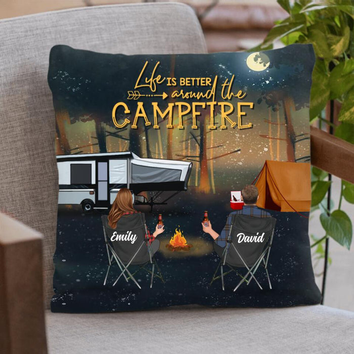 Custom Personalized Night Camping Pillow Cover - Couple/ Parents With Upto 4 Kids And 4 Pets - Gift For Camping Lover - Life Is Better Around The Campfire