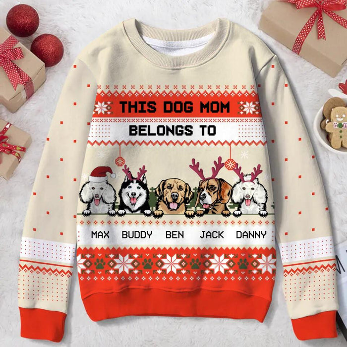 Custom Personalized Dog Mom All-Over Print Sweater - Upto 5 Dogs - Christmas Gift For Dog Lover - This Dog Mom Belongs To