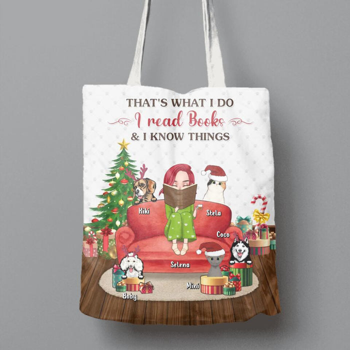 Custom Personalized Reading Book Canvas Bag - Girl With Upto 5 Pets - Christmas Gift Idea For Book/Dog/Cat Lover - That's What I Do I Read Books & I Know Things