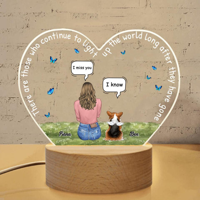 Custom Personalized Memorial Pet Heart Acrylic Photo Panel with Light Base - Man/ Woman With Upto 4 Pets - Memorial Gift for Dog/Cat/Rabbit Lover - There Are Those Who Continue to Light Up the World Long After They Have Gone