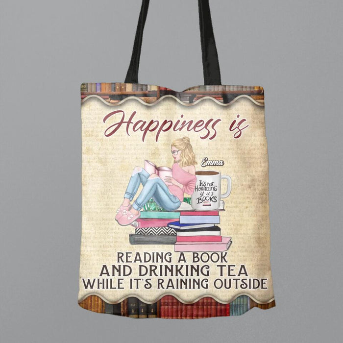 Custom Personalized Reading Book Girl Canvas Bag - Gift Idea For Book Lovers - Happiness Is Reading A Book And Drinking Tea While It's Raining Outside