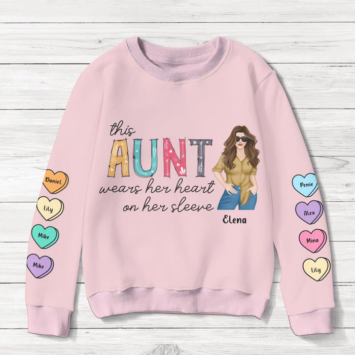 Custom Personalized Aunt Sweater - Gift for Aunt - Upto 8 Hearts - This Aunt Wears Her Heart On Her Sleeve