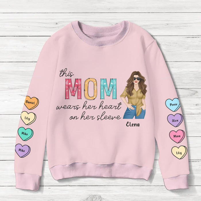 Custom Personalized Mom Sweater - Gift for Mother's Day - Upto 8 Hearts - This Mom Wears Her Heart On Her Sleeve