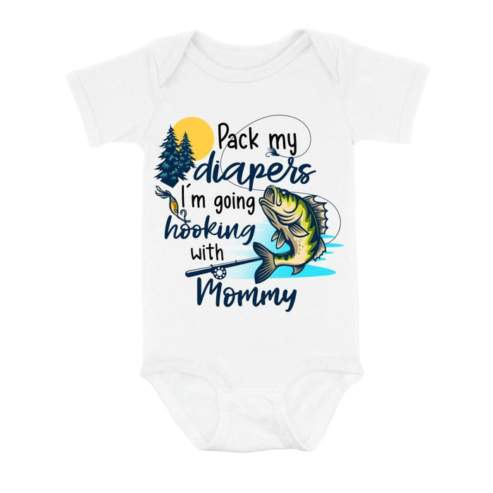 Custom Personalized Fishing Baby Onesie - Gift Idea for Baby/Birthday/Father's Day/ Mother's Day - Pack My Diapers I'm Going Hooking With Mommy