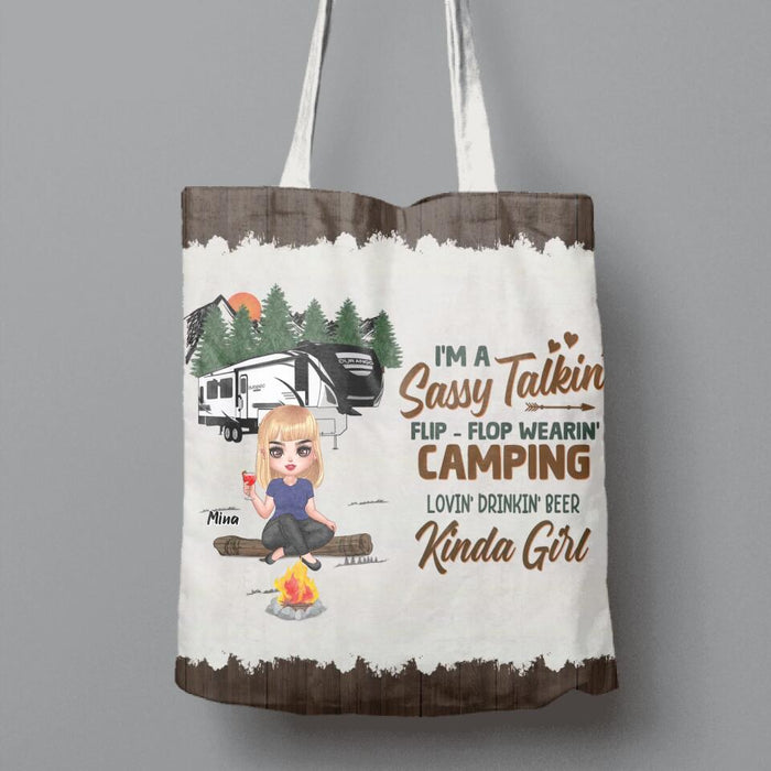 Custom Personalized Camping Girl Canvas Bag - Gift Idea For Camping Lover - I'm A Sassy Talkin' Flip-Flop Wearin' Camping Lovin' Beer Drinkin' Kinda Girl