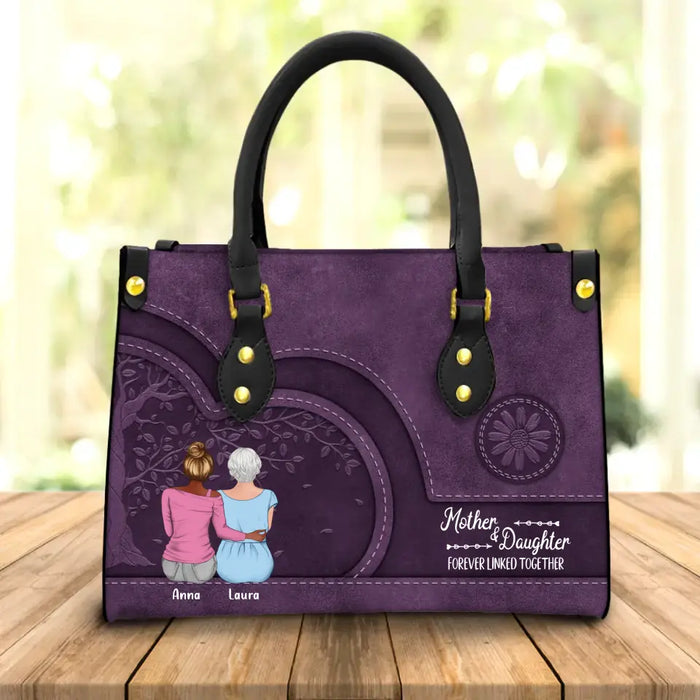 Custom Personalized Mother PU Leather Handbag - Upto 3 Daughters - Mother's Day Gift Idea From Daughters - Mother & Daughter Forever Linked Together