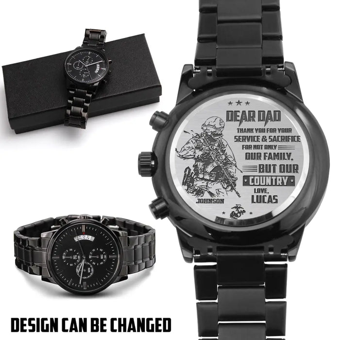 Custom Personalized Veteran Black Chronograph Watch - Father's Day Gift for Veteran - Dear Dad Thank You For Your Service & Sacrifice