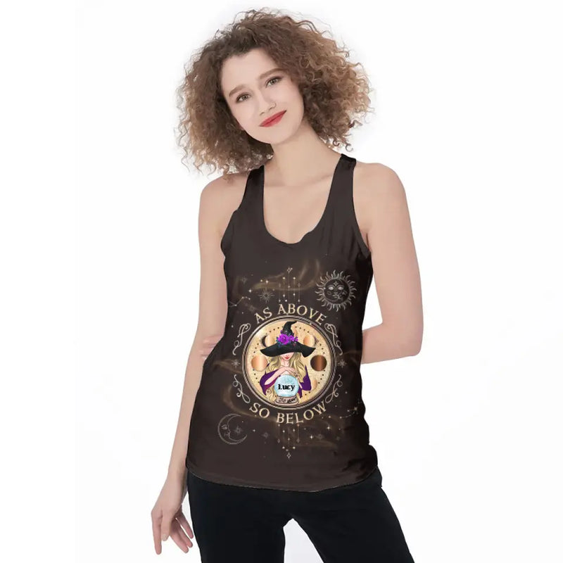 Personalized Witch AOP Women's Racerback Tank Top - Gift Idea For Halloween/ Friends - As Above So Below