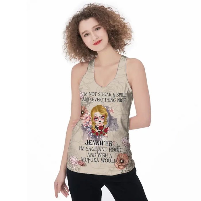 Personalized Skull Girl AOP Women's Racerback Tank Top - Gift Idea For Halloween/ Friend - I'm Not Sugar and Spice And Everything Nice